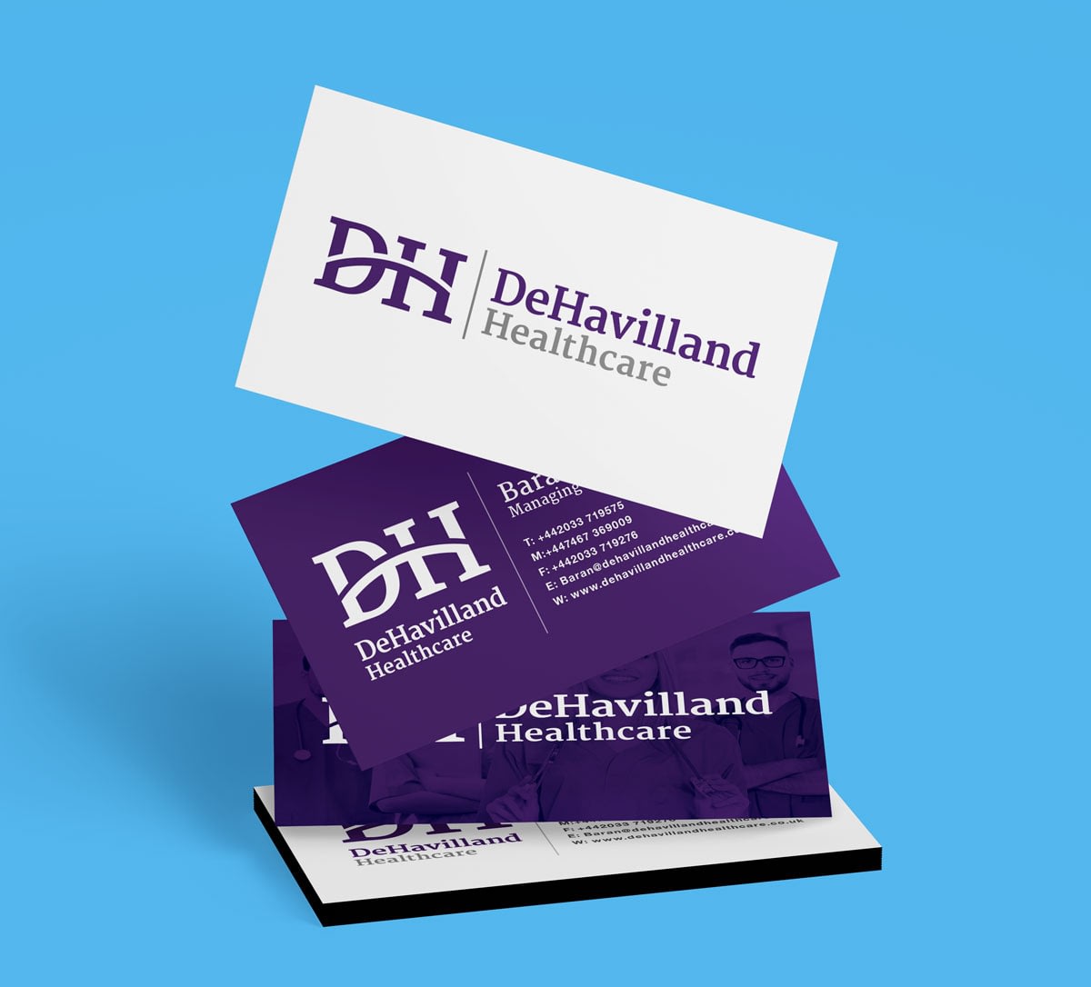 Dehavilland healthcare brand identity Stacked Business Card Mockup