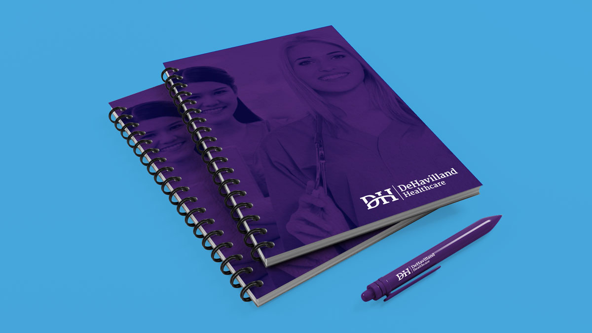 Dehavilland healthcare recruitment branding design notebook mockup