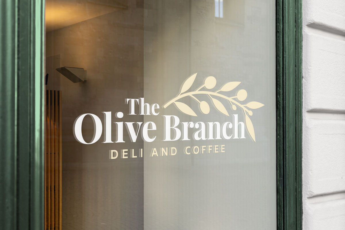 Olive Branch Deli Logo Design Window Sign Mockup
