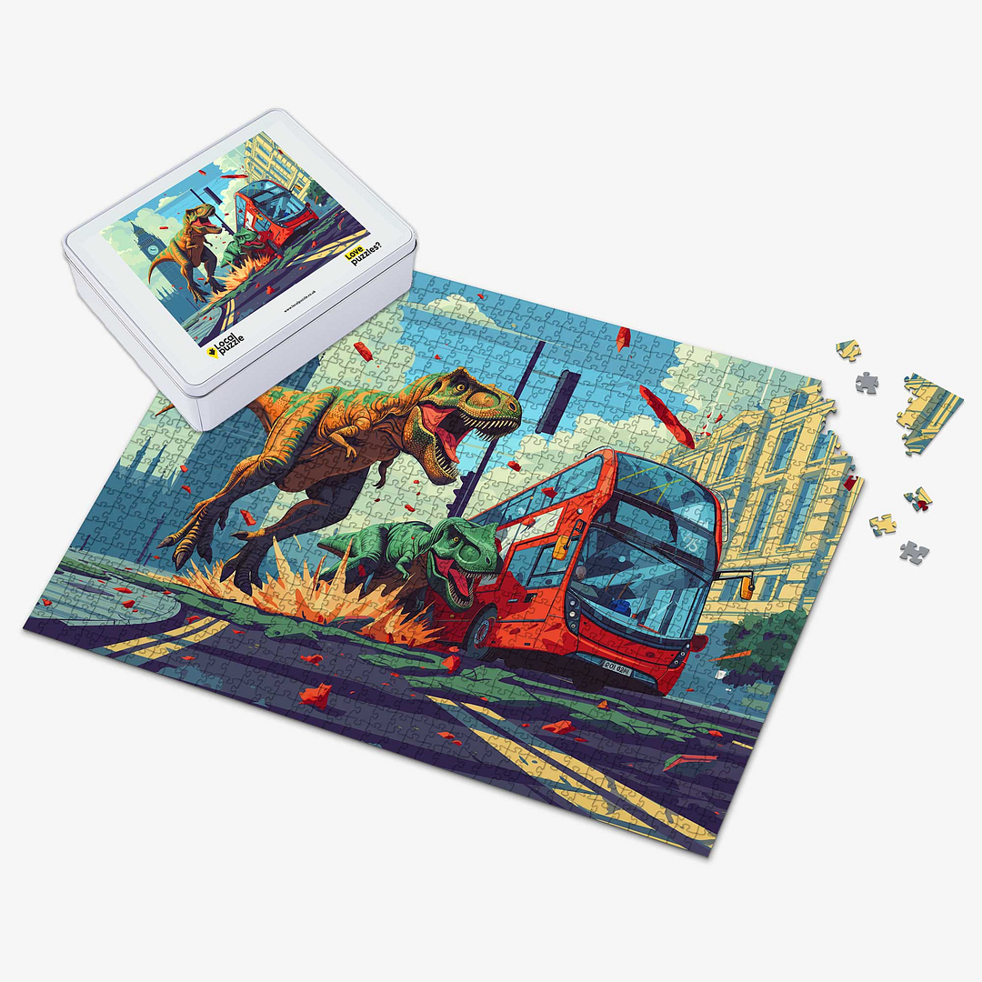 T Rex Rampage London Scene Jigsaw Puzzle With Tin Angle 1